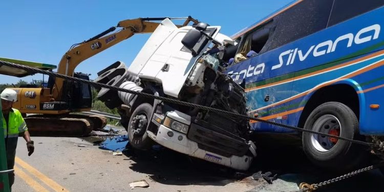 Caminhão colidiu com ônibus na BR-116, em Pelotas — Foto: Reprodução/g1 RS